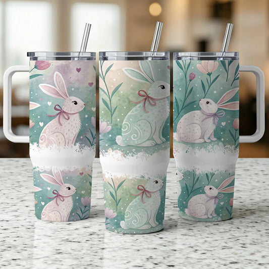 Three tumblers with Easter bunnies, pastel flowers, and watercolor details.