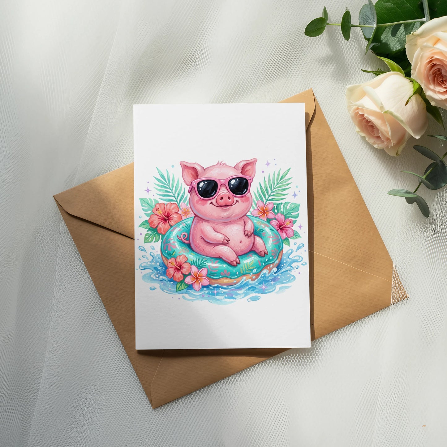 Cute pig wearing sunglasses floats on inner tube surrounded by flowers.