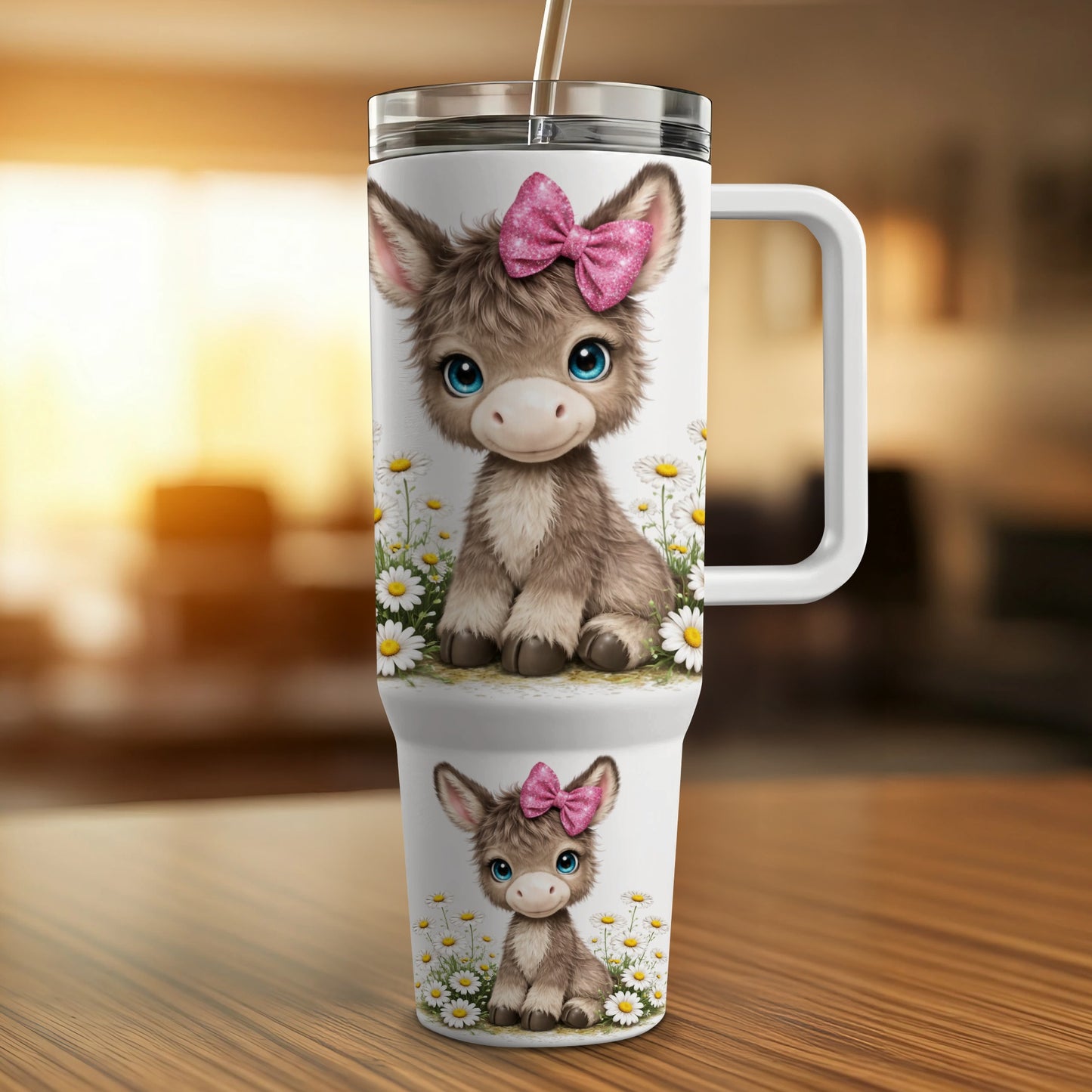 Cute donkey with pink bow on tumbler, surrounded by daisies.