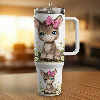 Cute donkey with pink bow on tumbler, surrounded by daisies.