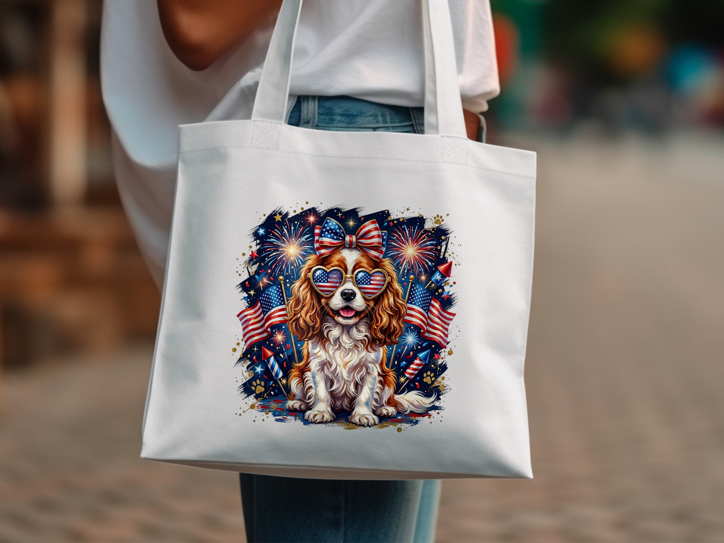 Dog wearing heart-shaped American flag sunglasses, fireworks, and stars.