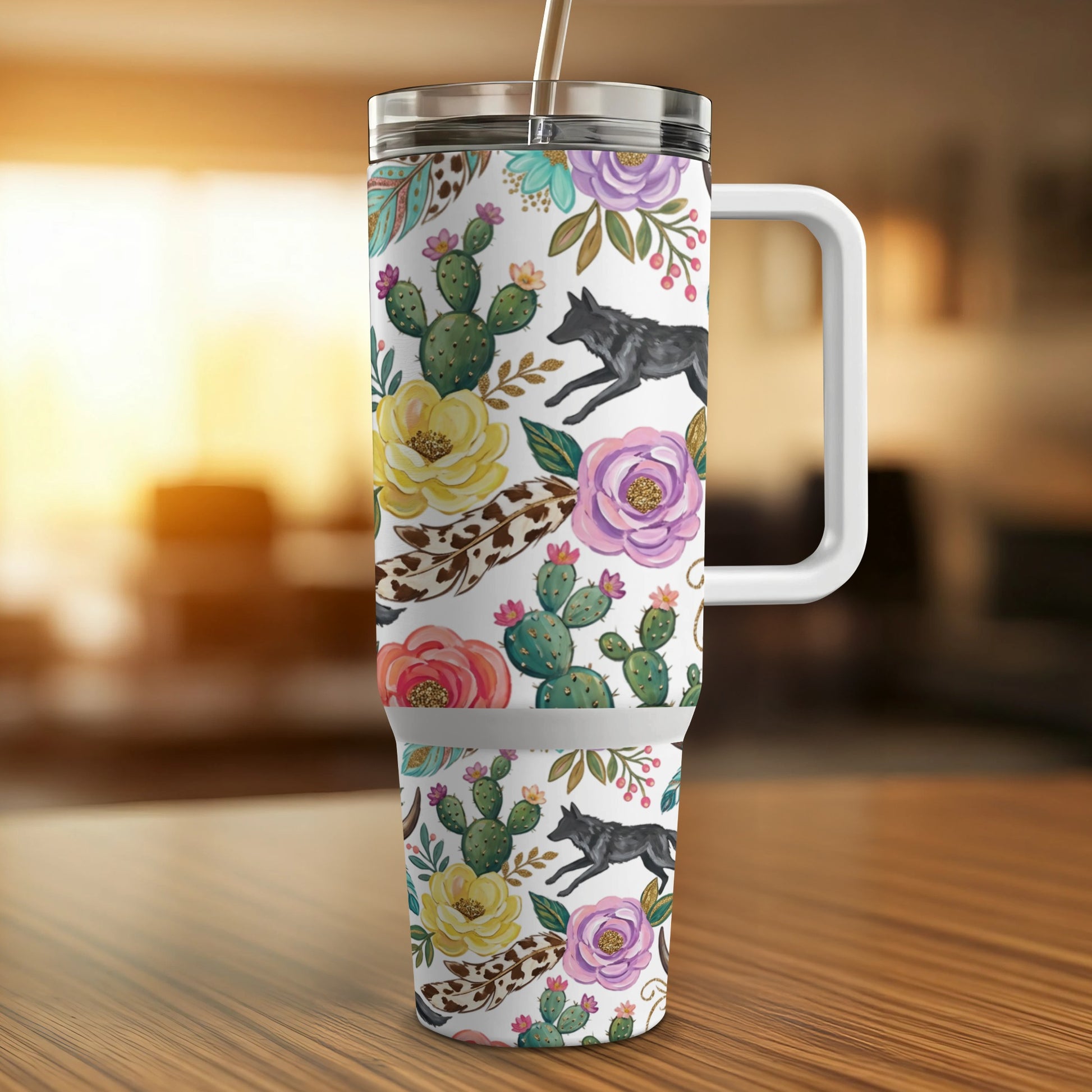 Tumbler with cactus, feather, and wolf floral pattern.