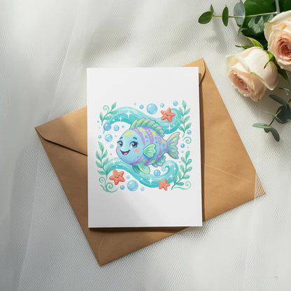 Cartoon fish with bubbles and starfish on a card, placed on an envelope.