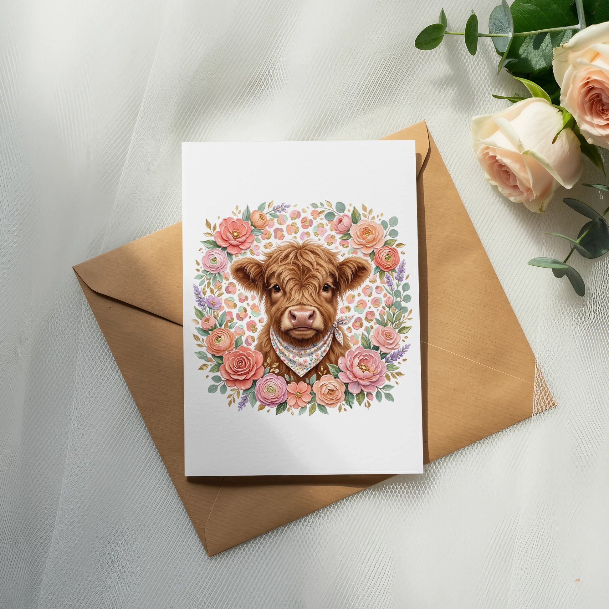 Card with a Highland cow illustration surrounded by a floral wreath.