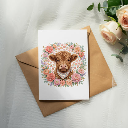 Card with a Highland cow illustration surrounded by a floral wreath.