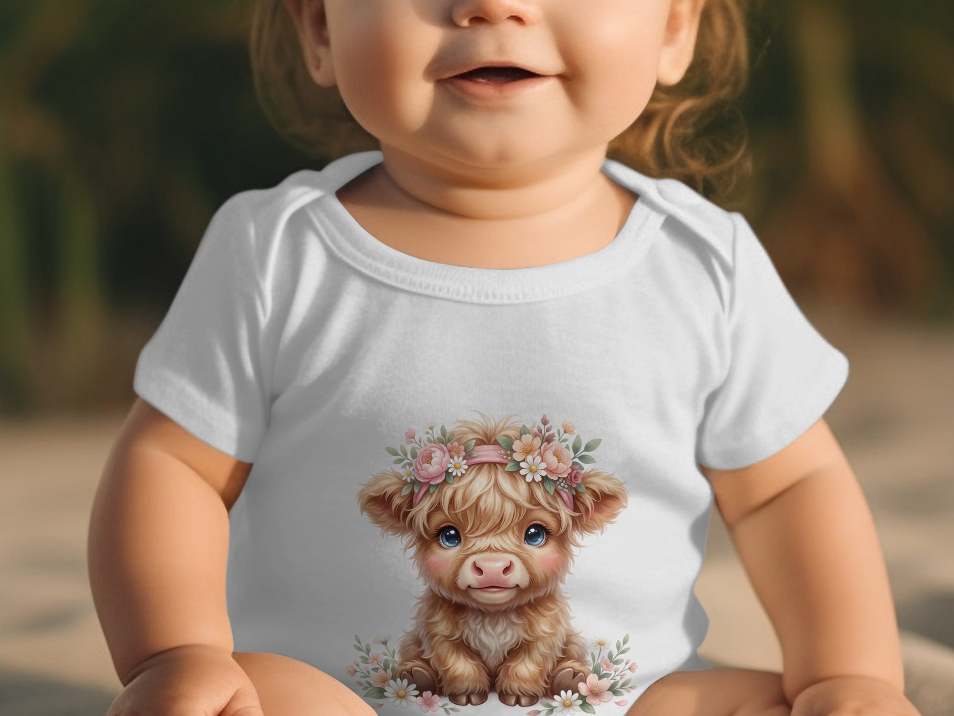 Baby in white onesie with a Highland cow graphic wearing a floral crown.