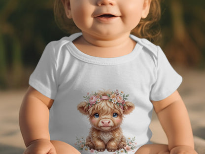 Baby in white onesie with a Highland cow graphic wearing a floral crown.