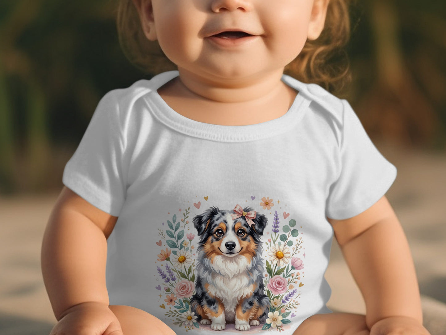 Baby wearing white onesie with Australian Shepherd dog and floral design.