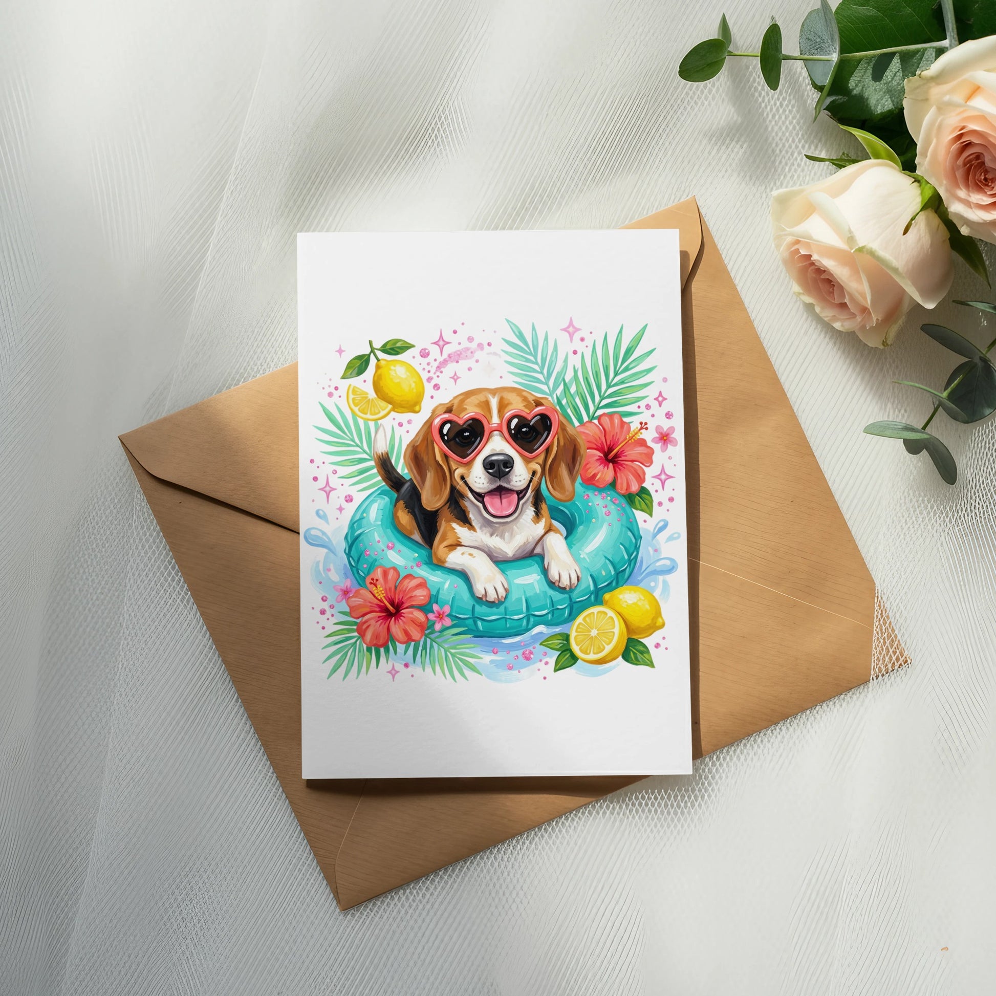Beagle puppy wearing heart sunglasses floats in a pool toy surrounded by tropical leaves and lemons.