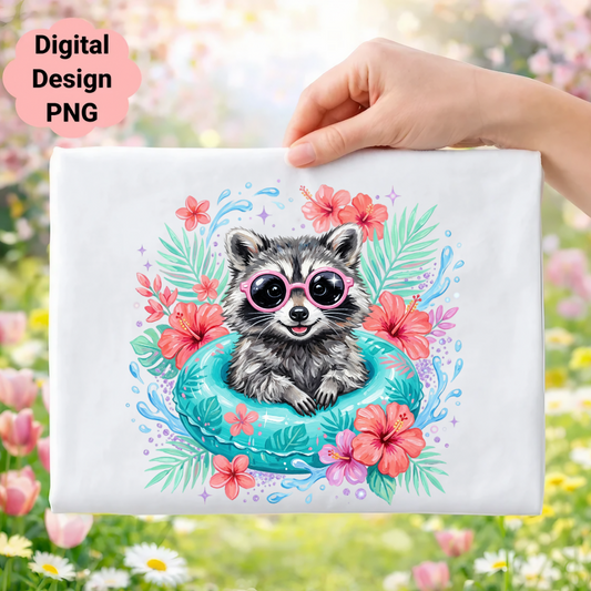 Raccoon in sunglasses floating in an inner tube with tropical flowers and leaves.