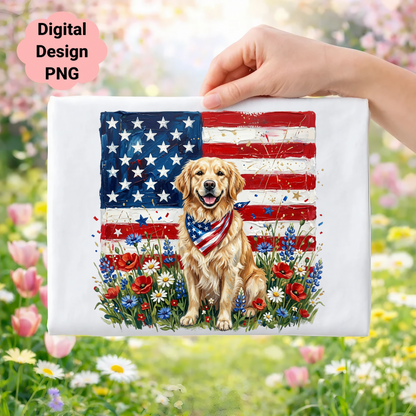 Golden retriever wearing American flag bandana sits in front of flag and flowers.