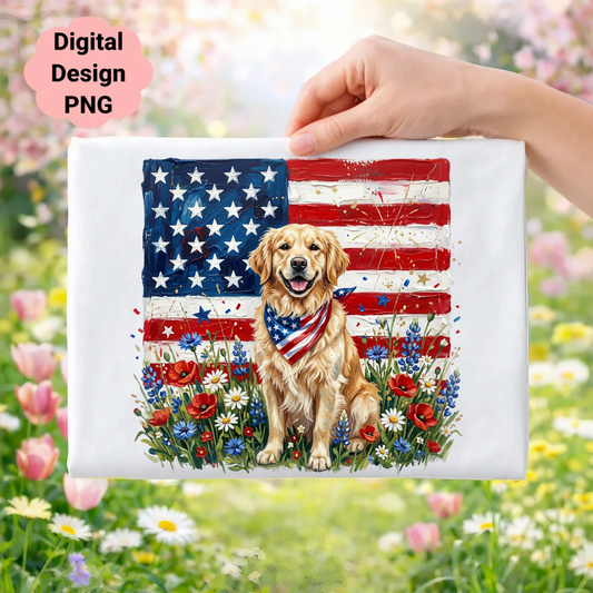 Golden retriever wearing American flag bandana sits in front of flag and flowers.