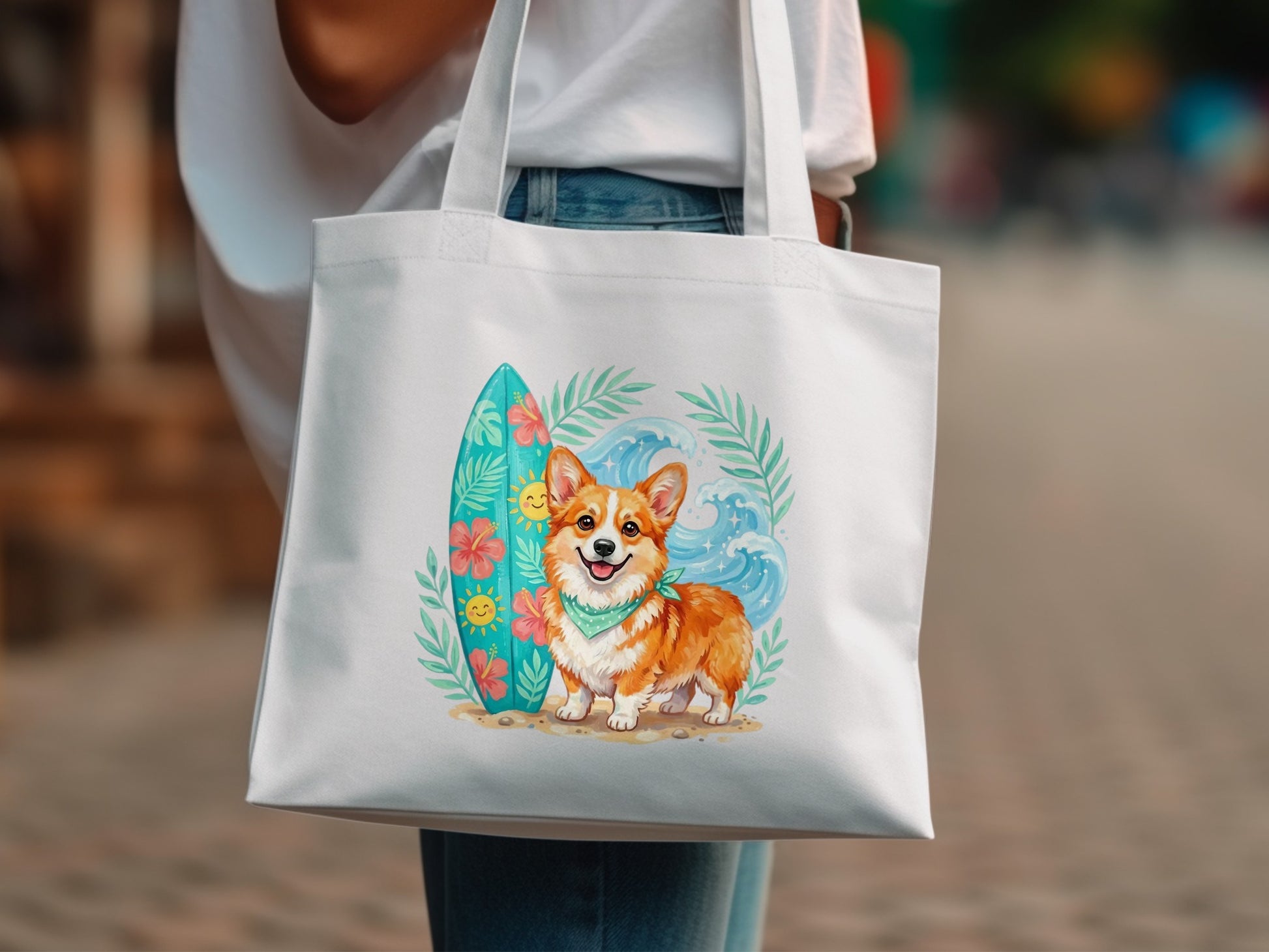White canvas tote bag with a smiling corgi wearing a bandana and surfboard in waves.