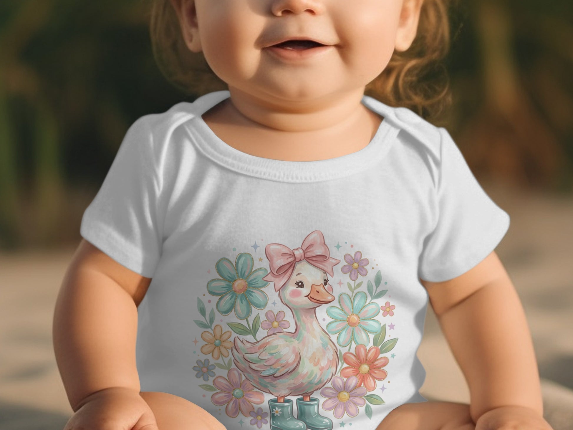 Baby in white onesie with a cute duck illustration surrounded by flowers.