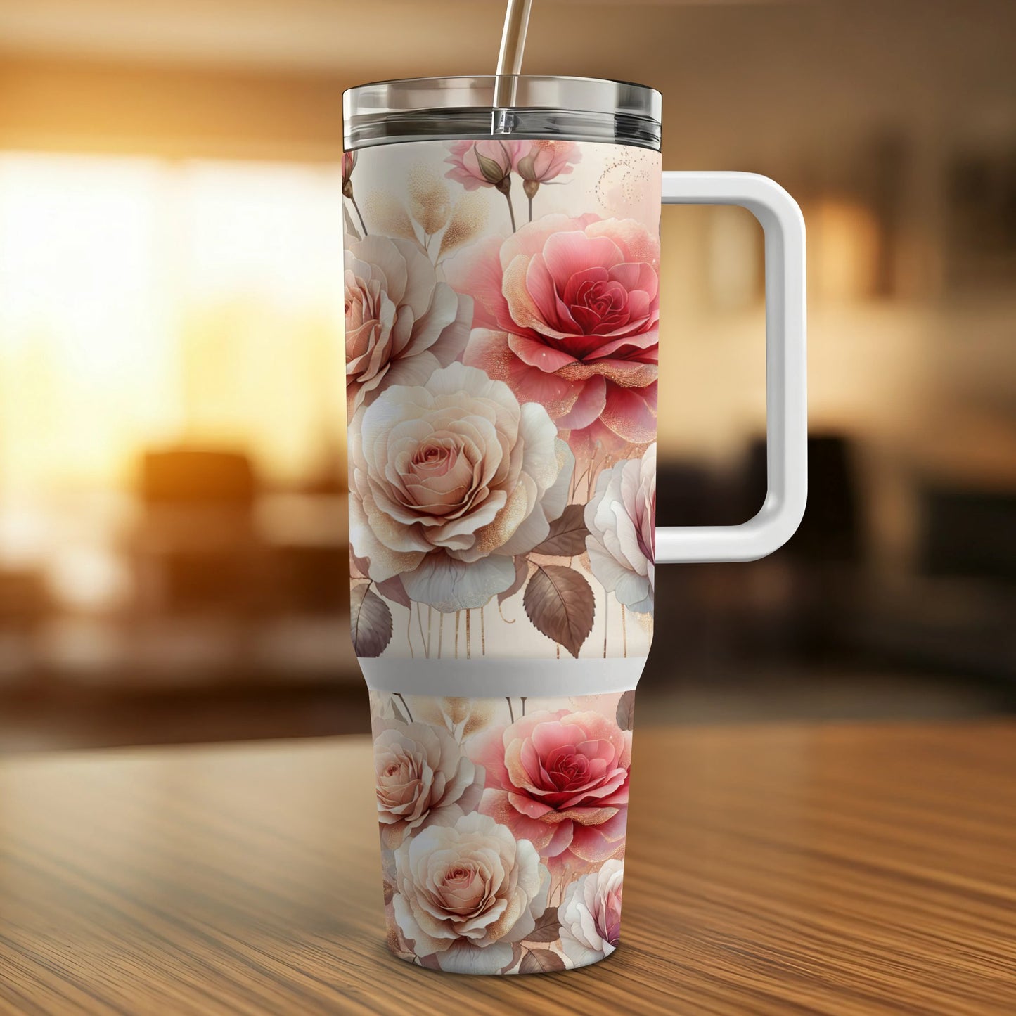 White tumbler with pink and cream roses and leaves, metallic accents.