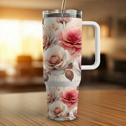 White tumbler with pink and cream roses and leaves, metallic accents.
