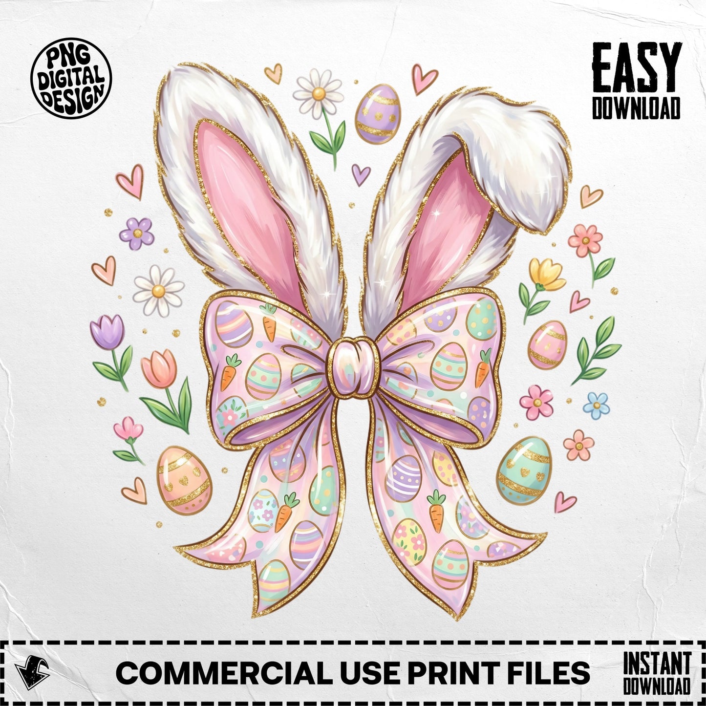 Easter bunny ears with bow, decorated eggs, and flowers.
