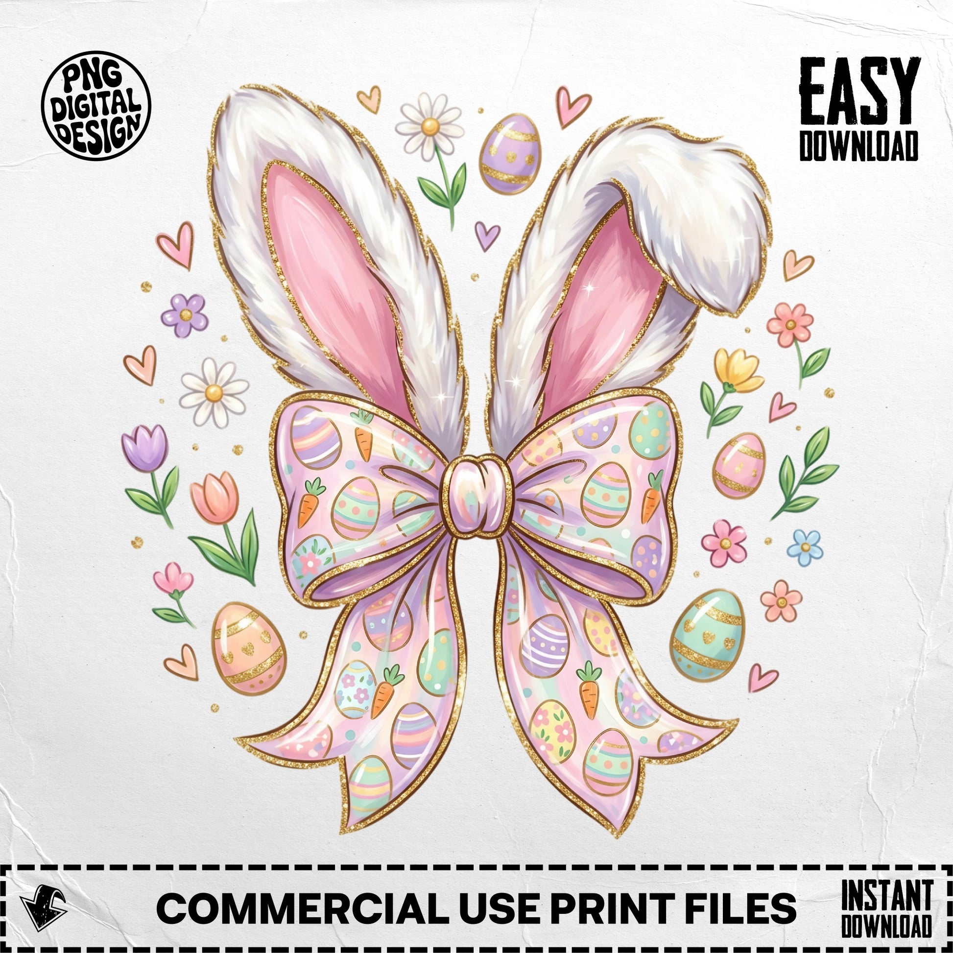 Easter bunny ears with bow, decorated eggs, and flowers.