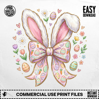 Easter bunny ears with bow, decorated eggs, and flowers.