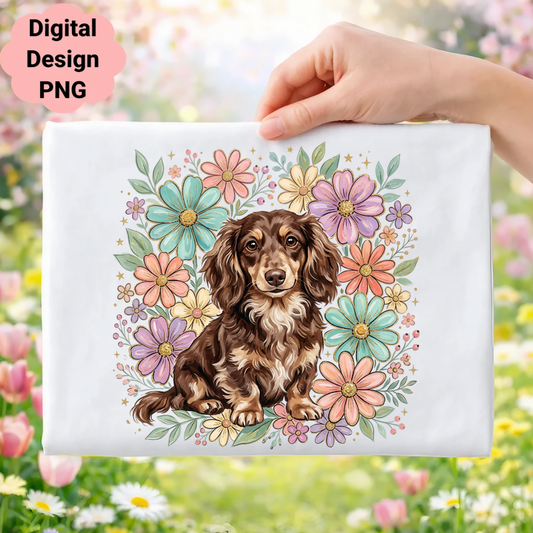 Dachshund surrounded by colorful pastel flowers.