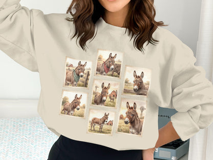 Crewneck sweatshirt with seven postage stamp-style illustrations of donkeys on a farm.