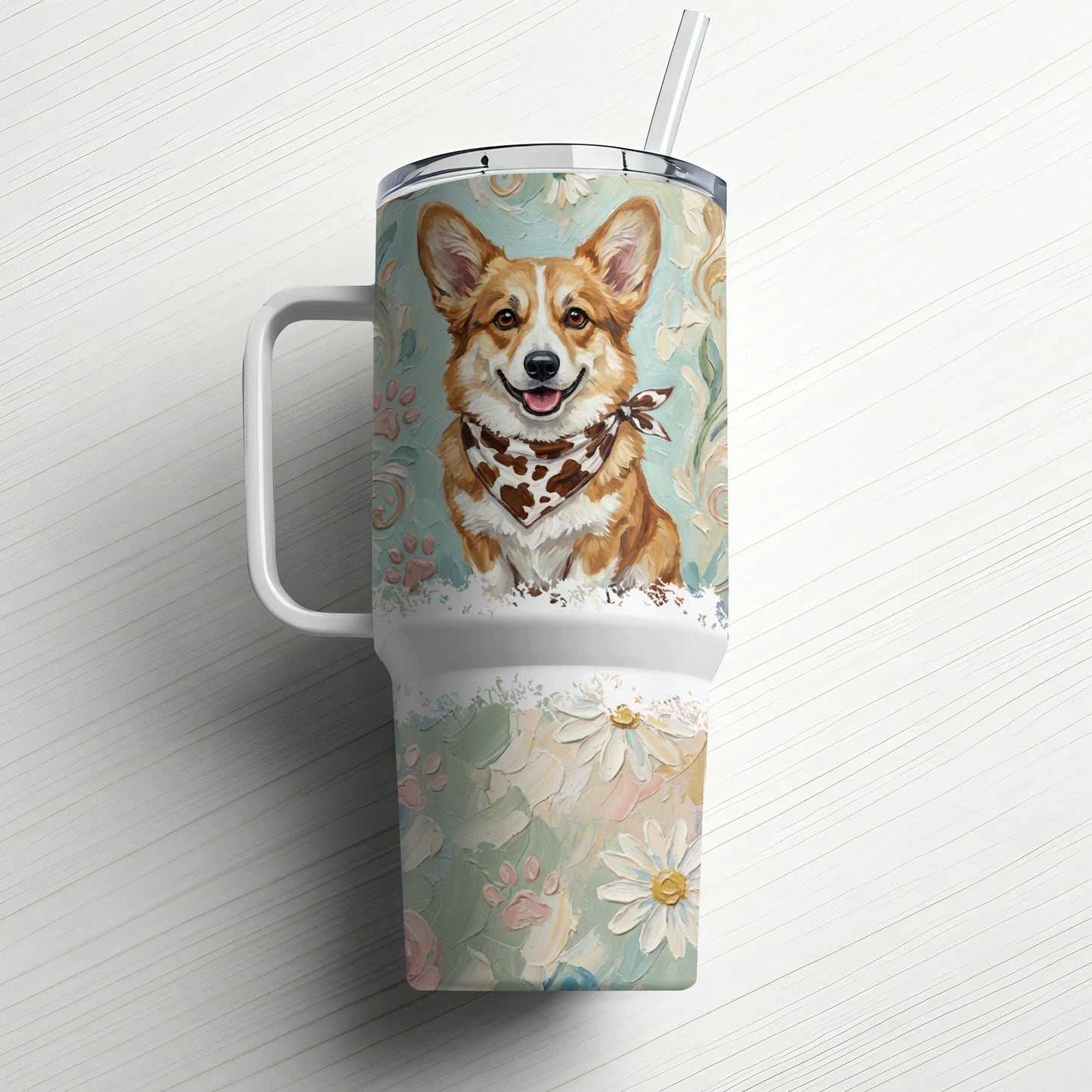Corgi in bandana on tumbler with floral accents and straw.