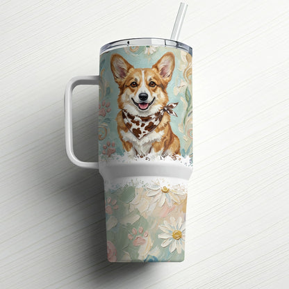 Corgi in bandana on tumbler with floral accents and straw.