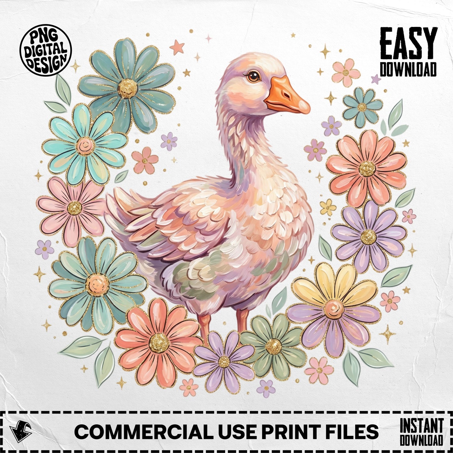 Goose surrounded by pastel flowers and stars, "EASY DOWNLOAD" text.