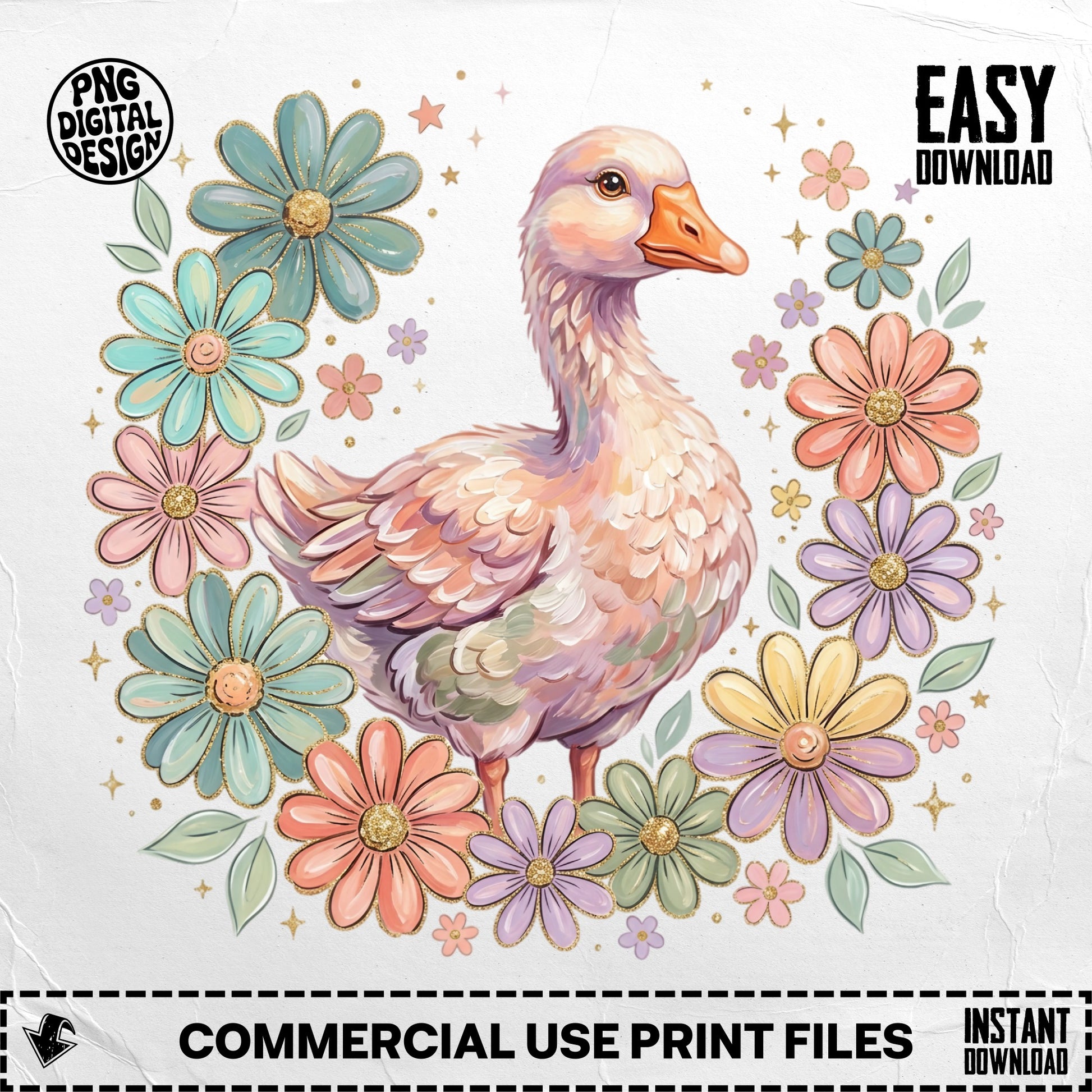Goose surrounded by pastel flowers and stars, "EASY DOWNLOAD" text.