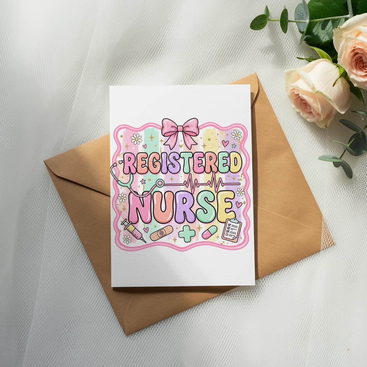 Greeting card with "Registered Nurse" text and medical symbols.