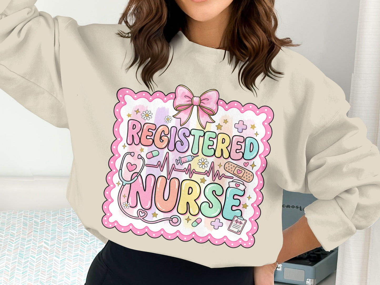 Registered Nurse graphic on a cream sweatshirt with colorful medical icons.