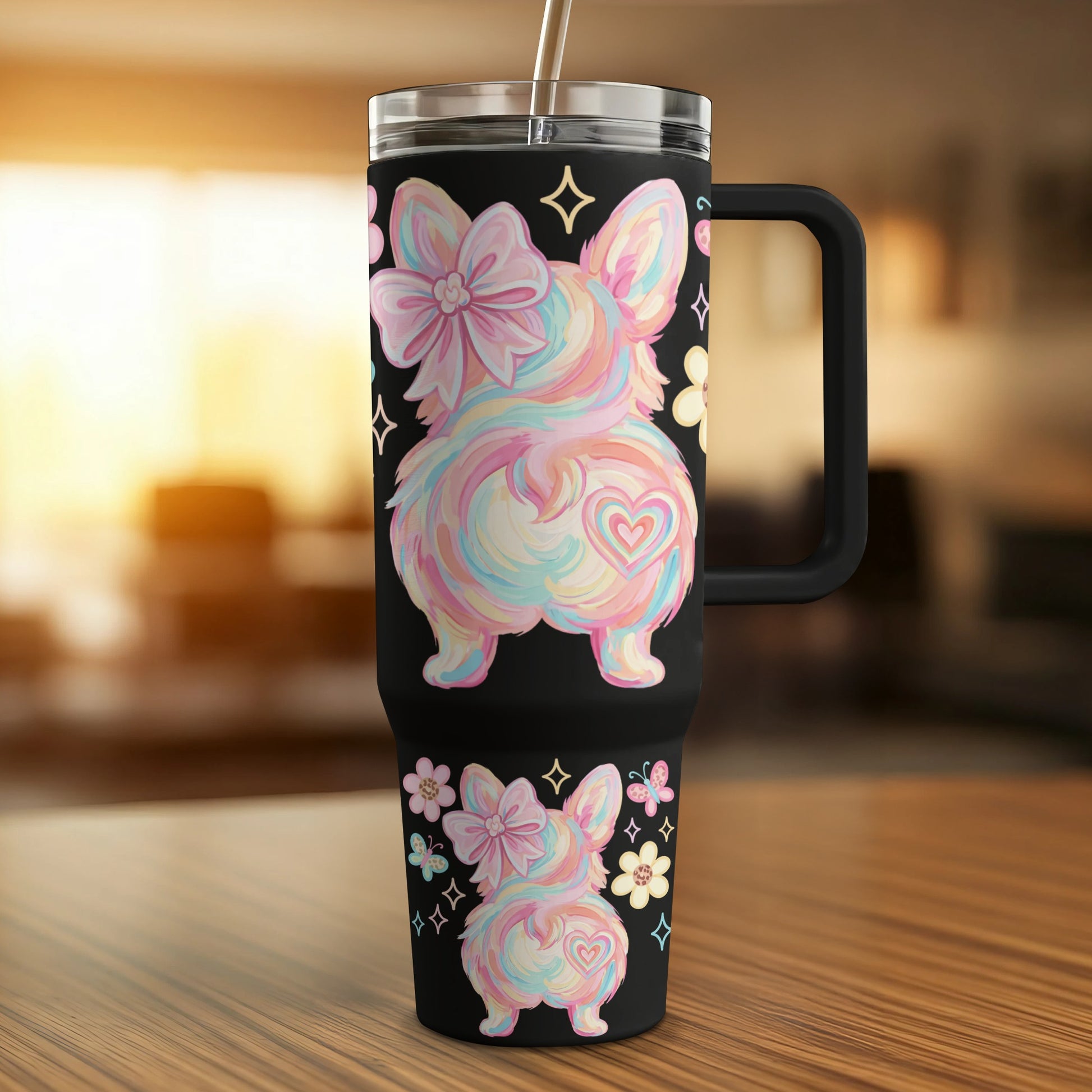 Black tumbler with pastel corgi, bow, and flowers design.