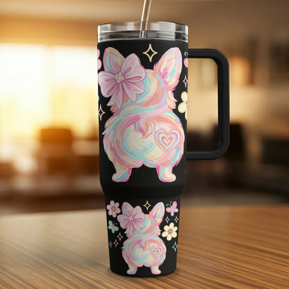 Black tumbler with pastel corgi, bow, and flowers design.