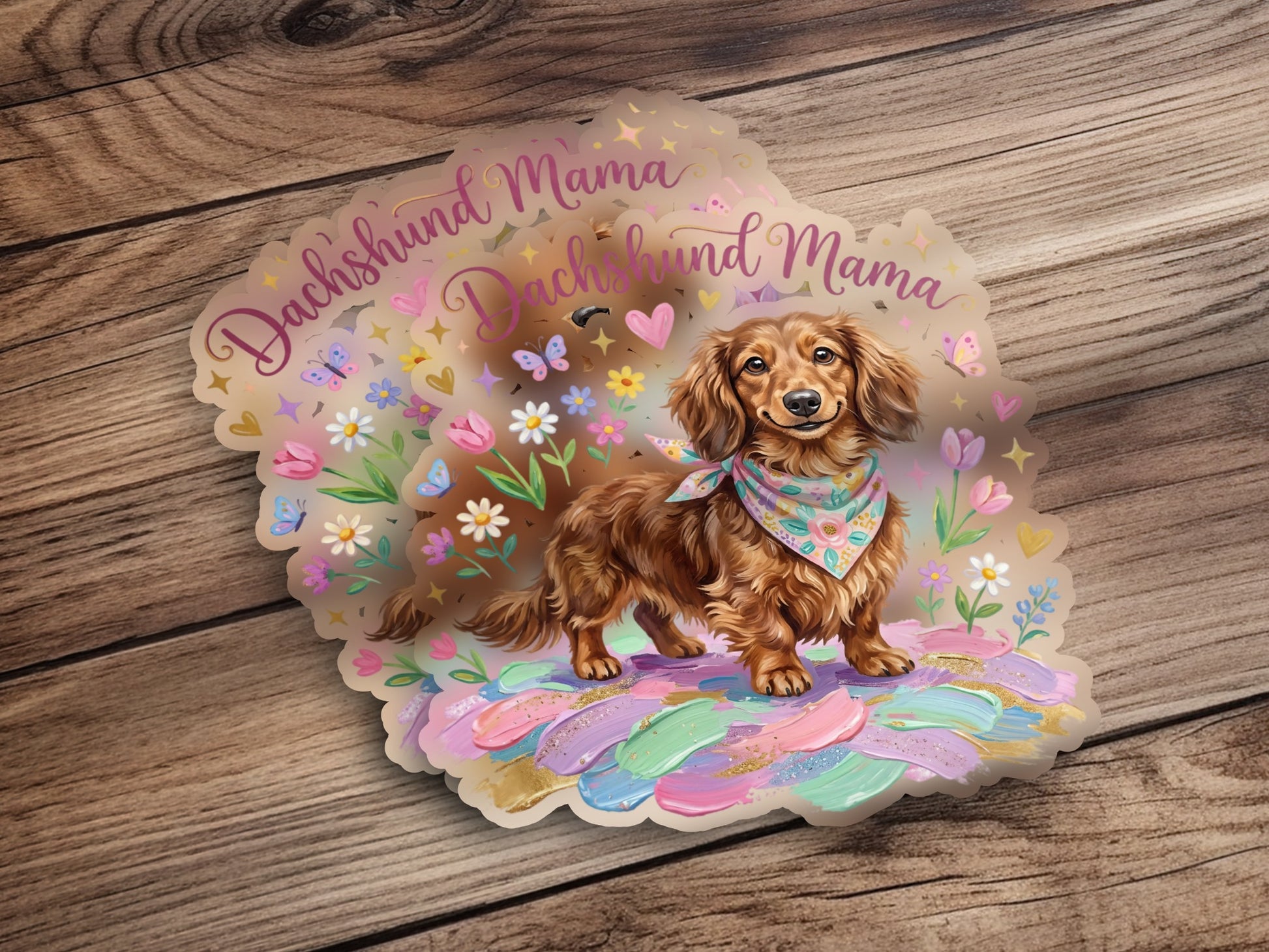 Dachshund mama with bandana on wooden background surrounded by flowers.
