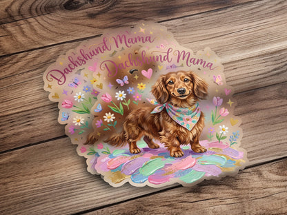 Dachshund mama with bandana on wooden background surrounded by flowers.