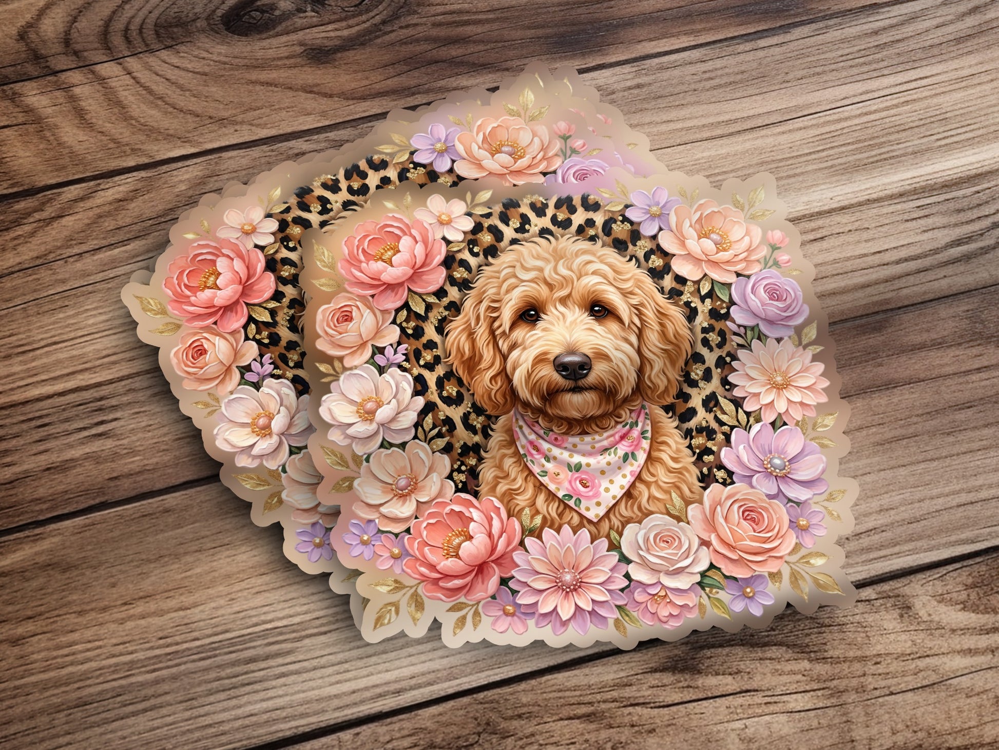 Golden doodle wearing a bandana surrounded by floral wreath.