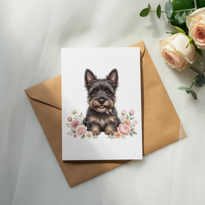Card with a cute terrier puppy surrounded by flowers, on a brown envelope.