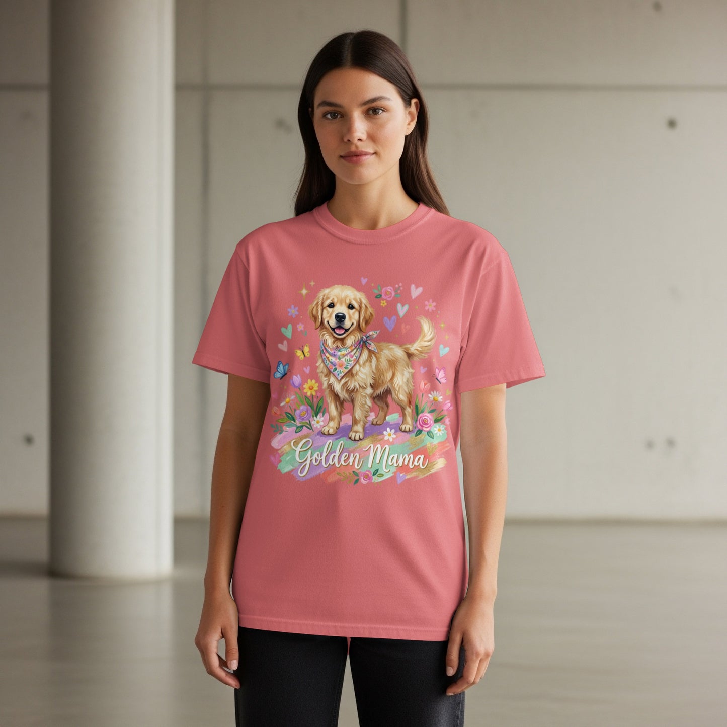 Pink t-shirt with a golden retriever and "Golden Mama" text.