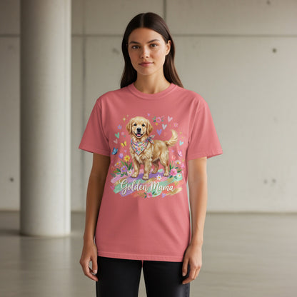 Pink t-shirt with a golden retriever and "Golden Mama" text.