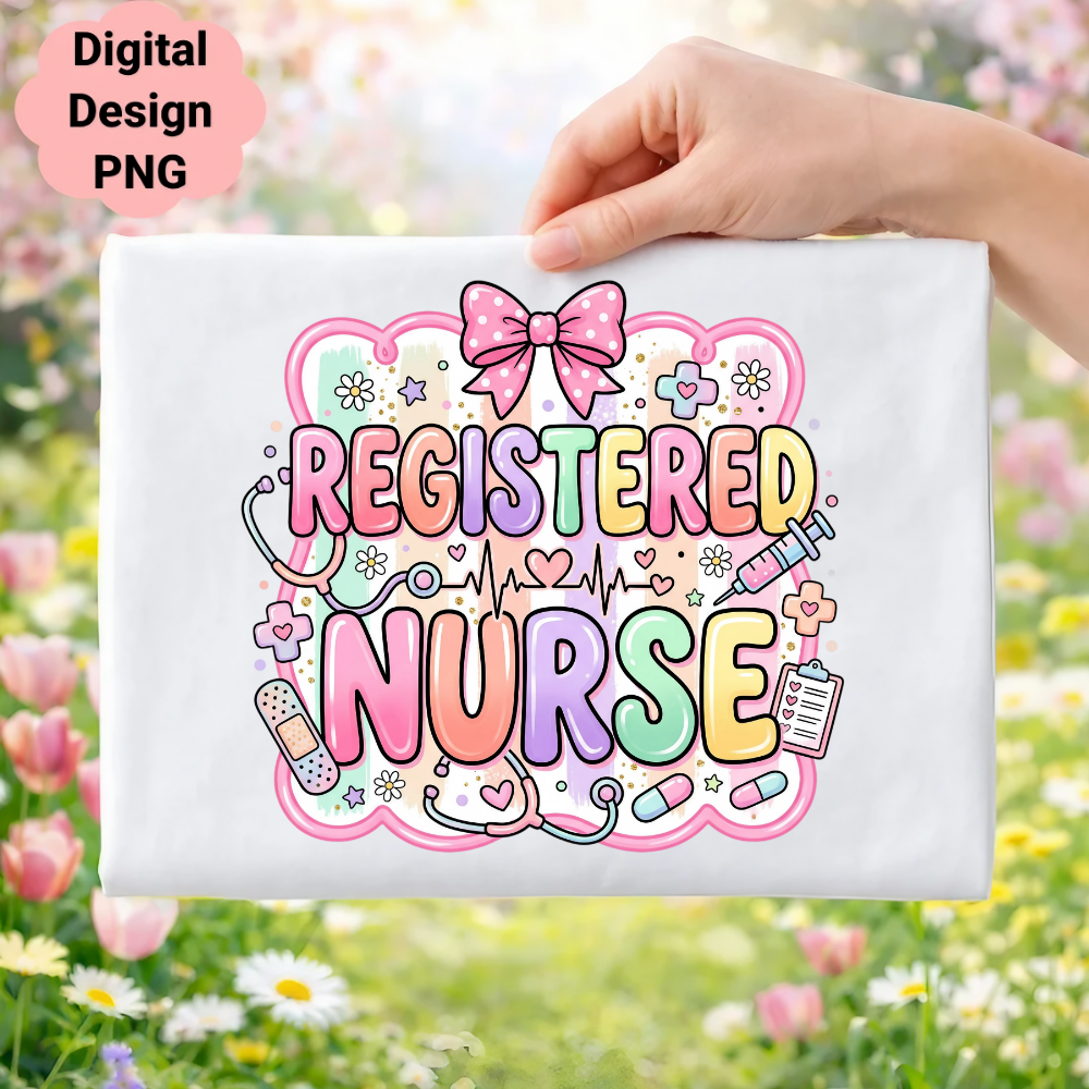 Registered Nurse text with medical icons and a pink bow.