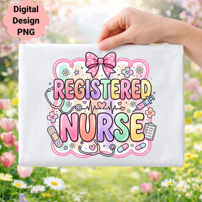 Registered Nurse text with medical icons and a pink bow.