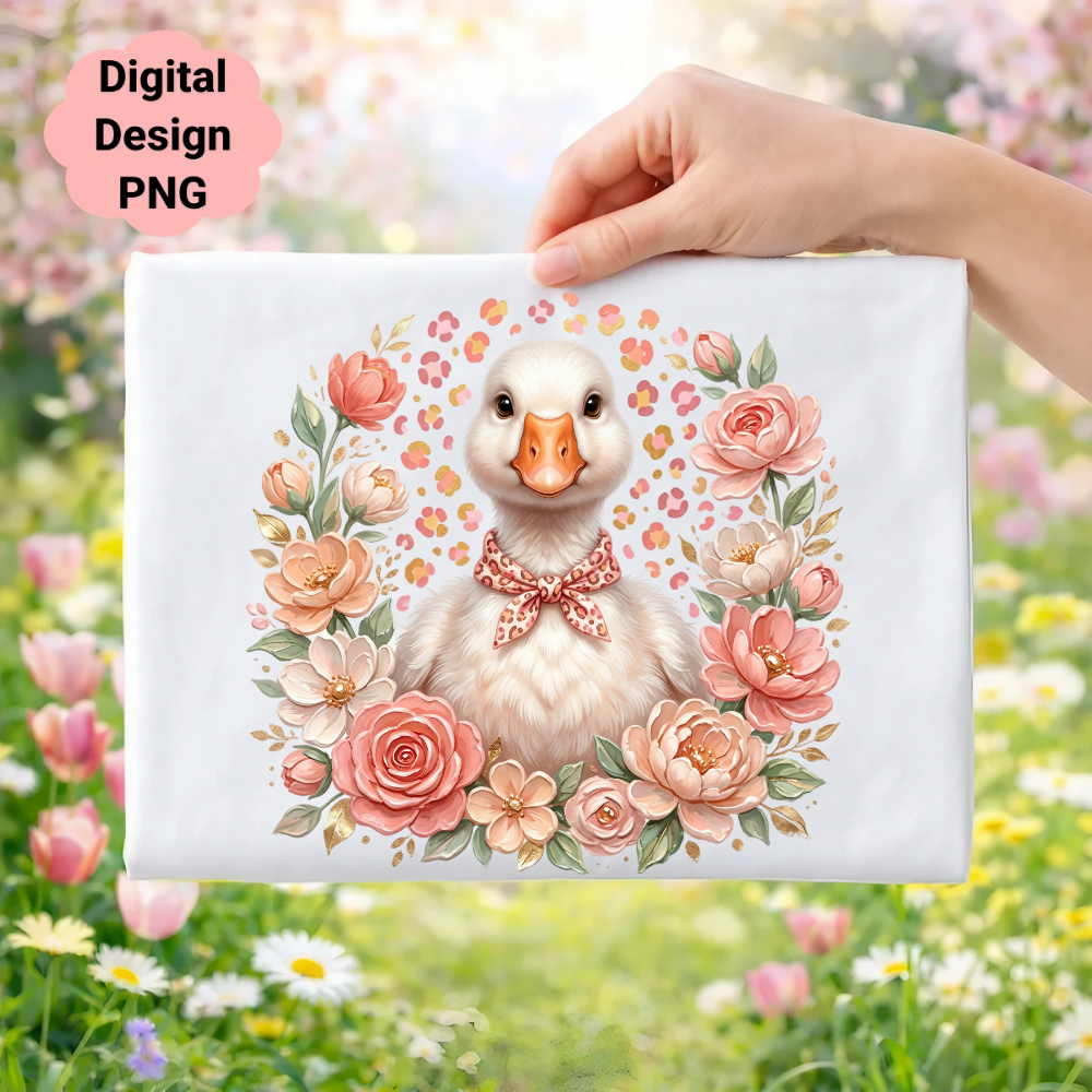 Cute duckling with pink bow surrounded by floral wreath.