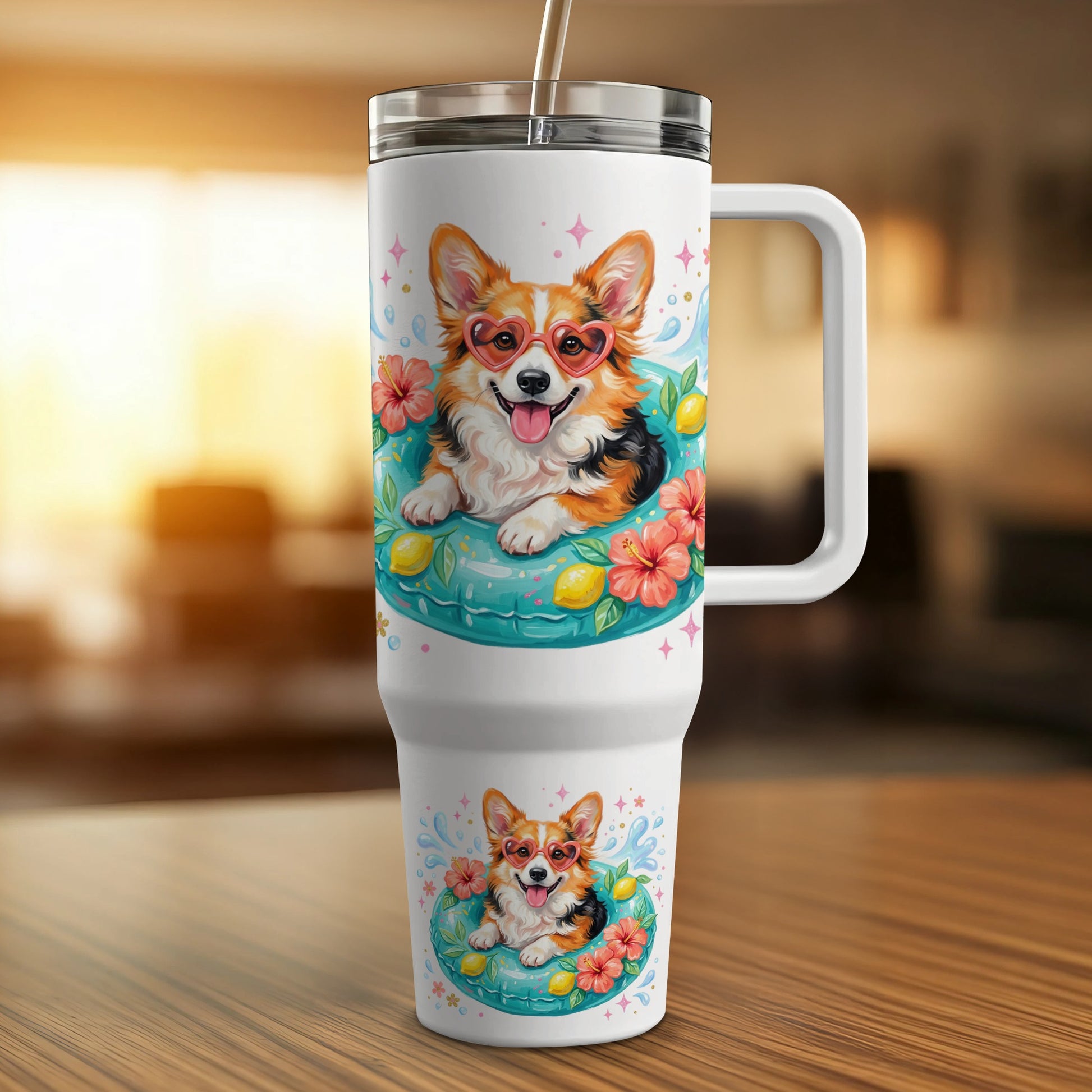 White travel tumbler with a cheerful corgi wearing heart sunglasses on a float.
