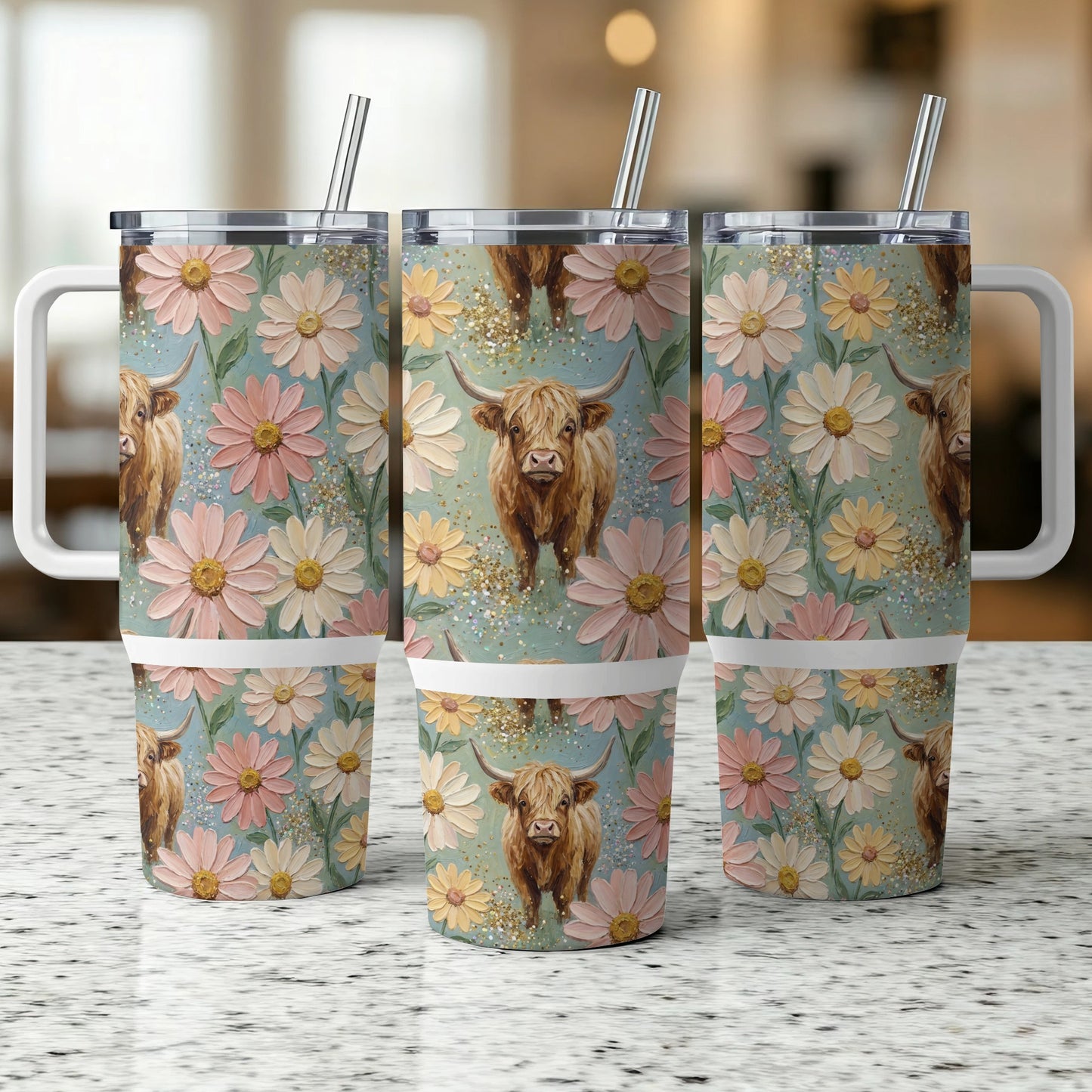 Highland cow with floral pattern on a tumbler.