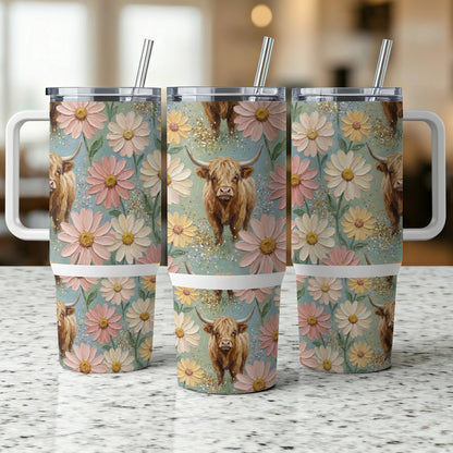 Highland cow with floral pattern on a tumbler.