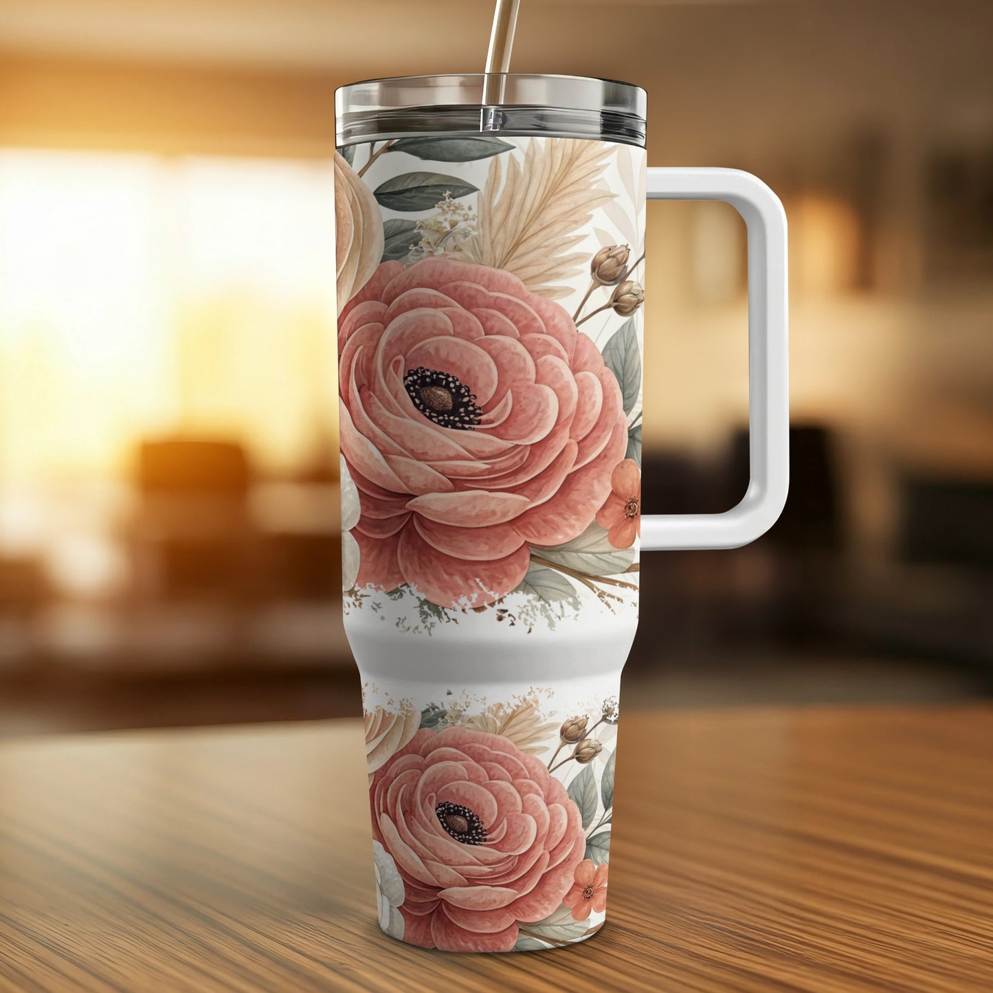 Floral patterned tumbler with a handle, on a wooden table.
