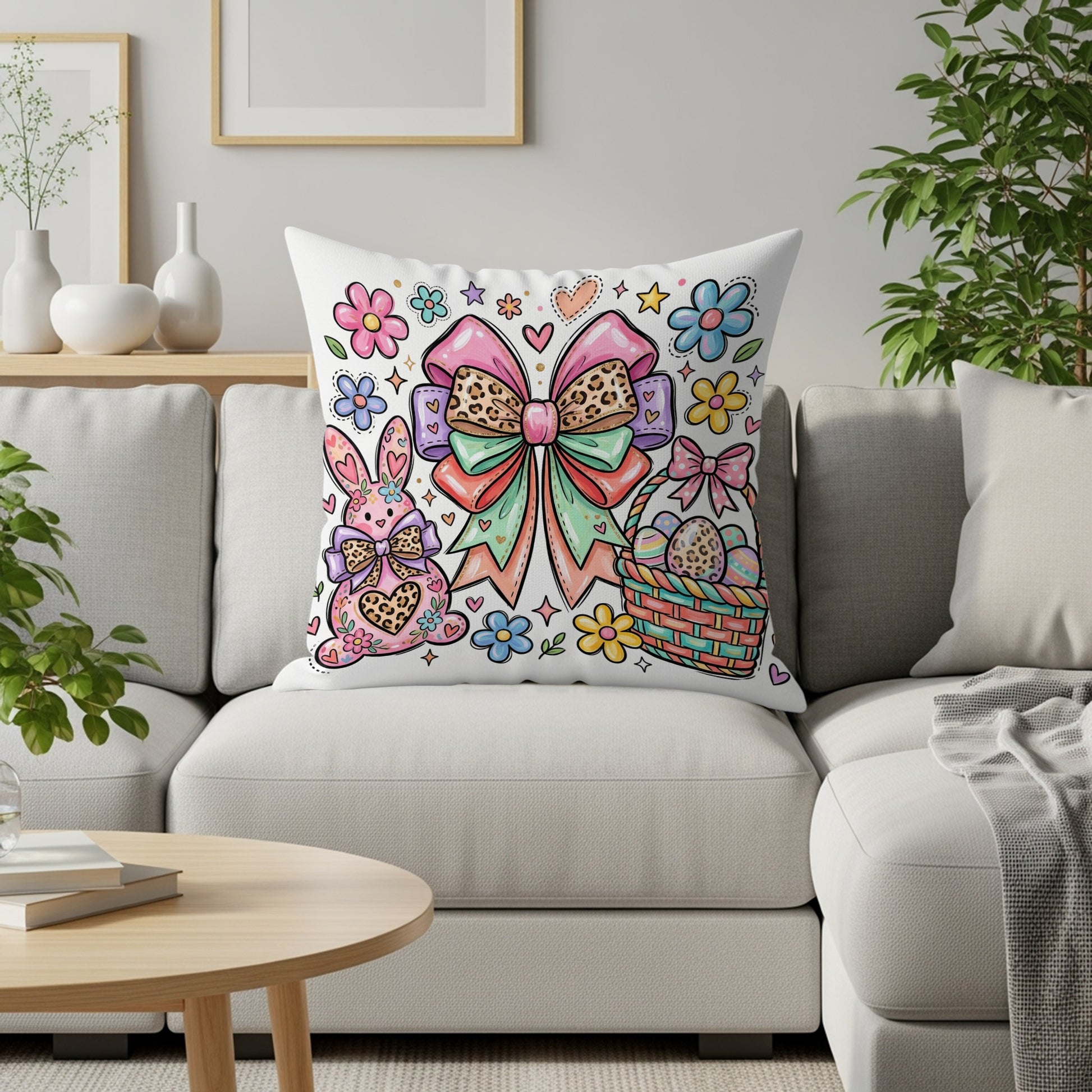 Easter pillow with a pink bunny, basket of eggs, and flowers.