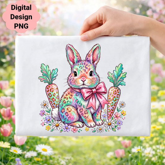 Colorful bunny with carrots and flowers, digital design PNG.