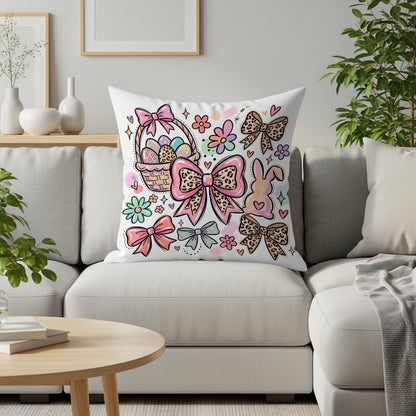 Easter basket, bunny, and bows pattern on a throw pillow.
