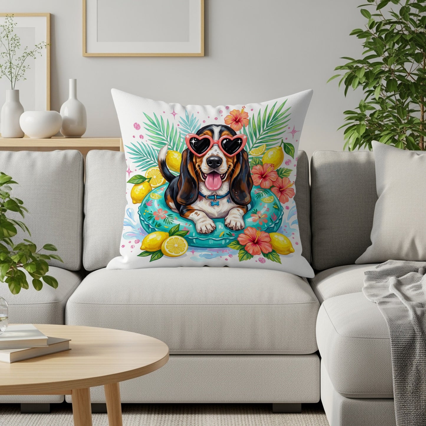 Basset hound wearing heart sunglasses in a pool float with lemons and flowers.